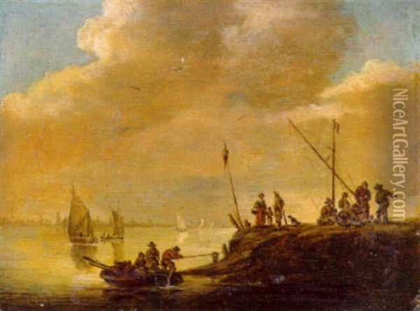 An Estuary With A Ferry And Sailing Boats And Fisherfolk On The Shore Oil Painting - Salomon van Ruysdael