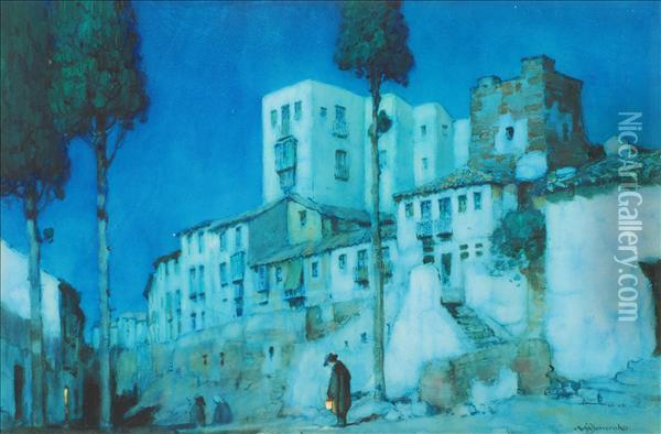 A Spanishtown, Moonlight Oil Painting - Albert Moulton Foweraker