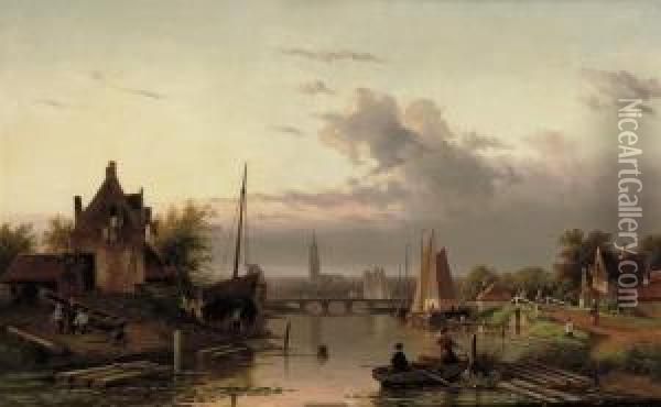 A Late Afternoon By The River Oil Painting - Charles Henri Leickert