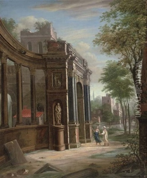 A Capriccio Of Classical Architecture With Two Figures Conversing Oil Painting - Jacob Ferdinand Saeys