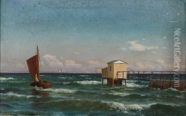 Coastal Scene With Fishermen At A Jetty Oil Painting - Anders Andersen-Lundby