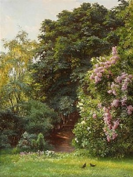 Garden With Blooming Lilacs Oil Painting - Edvard Frederik Petersen