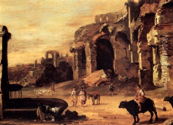 Figures Amongst Roman Ruins Oil Painting - Cornelis Van Poelenburgh