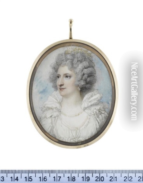 Jane, Duchess Of Gordon, Wearing White Dress With Winged Collar Secured Around Her Neck With A Strand Of Pearls, Pearl Pendent Earrings, Powdered Wig Oil Painting - Richard Cosway