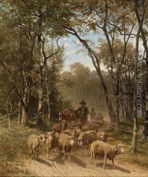Schafherde Am Waldweg Oil Painting - Gustav Ranzoni