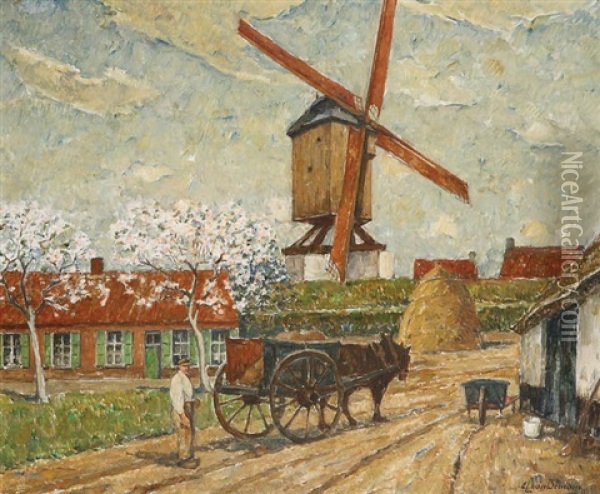 Paysage Anime D'un Paysan Et Char Pres D'un Moulin A Vent Oil Painting - Alphonse van Beurden Sr.