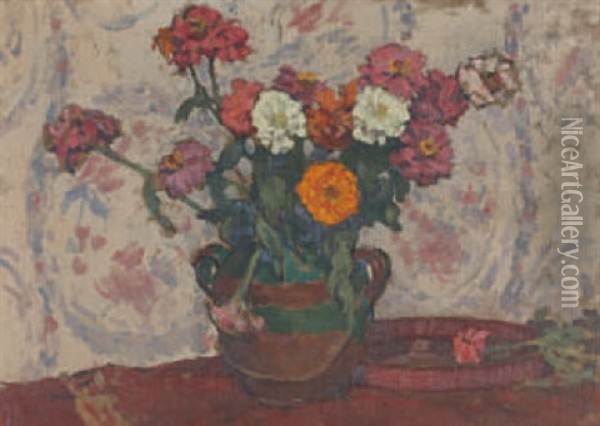 Stillleben Mit Blumen (+ Flusslandschaft Mit Boot Und Pferdekarren, Verso) Oil Painting - Charles-Auguste Edelmann
