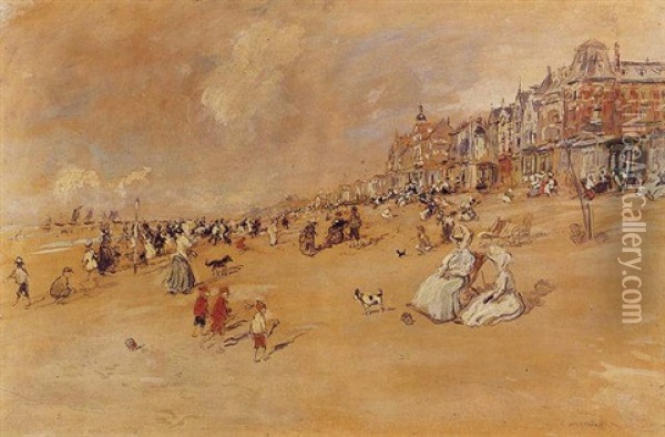 L'apres-midi Sur La Plage, La Panne-belgique Oil Painting - Jean Francois Raffaelli