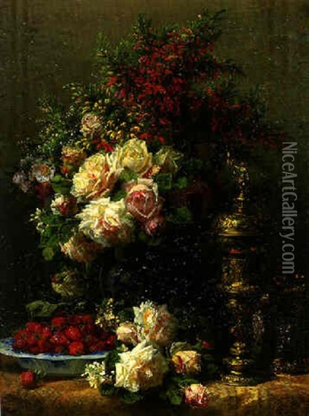 Roses And Other Flowers, A Bowl Of Strawberries, A Tankard And An Urn On A Draped Table Oil Painting - Jean-Baptiste Robie