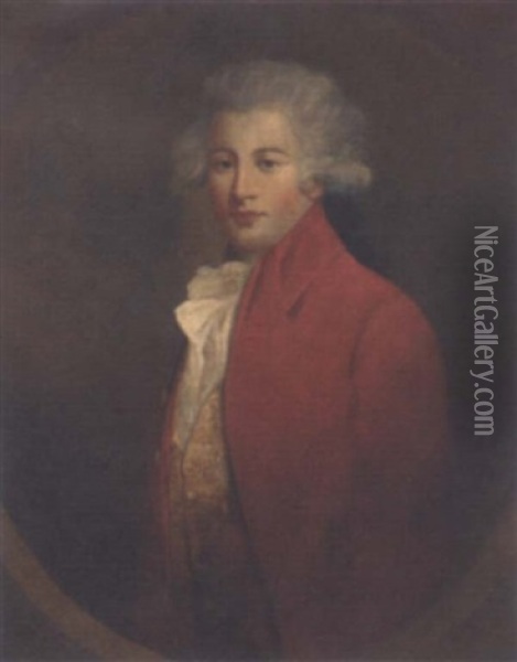 Portrait Of A Young Gentleman, In A Red Jacket And White Cravat Oil Painting - Sir John Hoppner