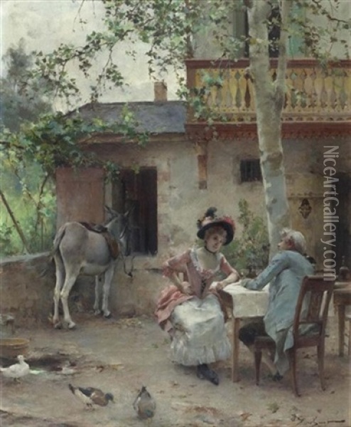 Gesprach Im Garten Mit Esel Im Hintergrund Oil Painting - Emile Auguste Pinchart