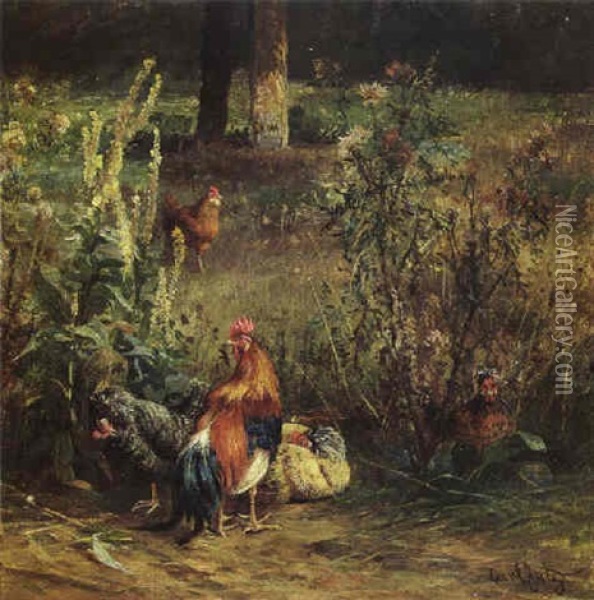 Chicken In A Yard Oil Painting - Carl Jutz the Elder