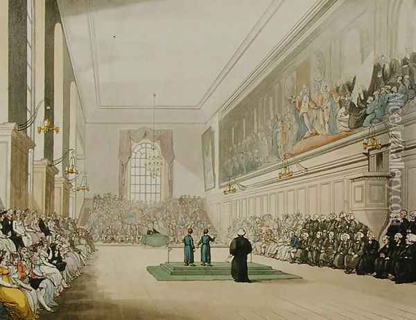 The Hall, Blue Coat School, from Ackermanns Microcosm of London, engraved by J. Hill, 1808 Oil Painting - T. Rowlandson & A.C. Pugin