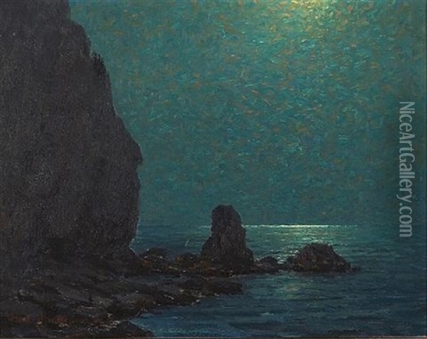 Catalina Island Coast Under A Moonlit Sky Oil Painting - Granville S. Redmond