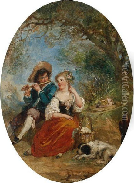 A Young Shepherd And Shepherdess With Their Dog In A Landscape Oil Painting - Watteau, Jean Antoine