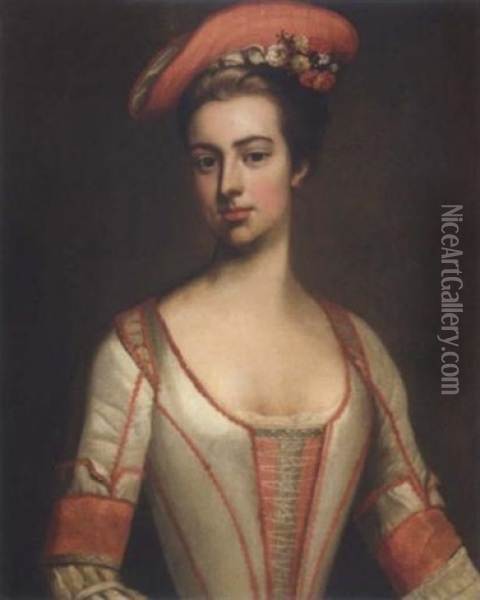 Portrait Of Henrietta Hobart, Countess Of Suffolk, Wearing A Red And Cream Dress With A Red Bonnet Oil Painting - Michael Dahl