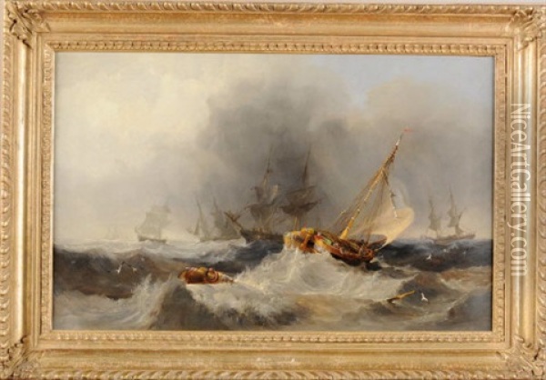 A Sailing Barge And Other Vessels On A Stormy Sea Oil Painting - John Wilson Carmichael