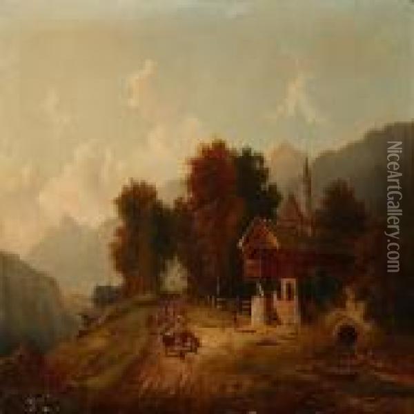 Southern German Autumn Landscape With Persons And Cattle Ona Road Oil Painting - Anton Doll