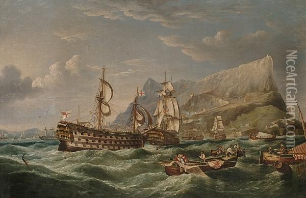 H.m.s. 'victory' Being Towed 
Into Gibralter On Her Way Home After The Battle Of Trafalgar Oil Painting - Richard Barnett Spencer