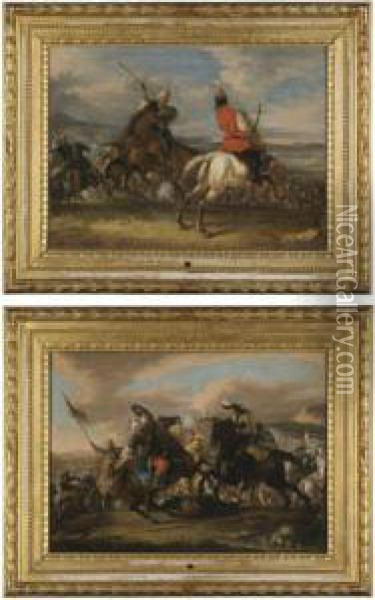 A Cavalry Battle Between Turks And Christians, A Christian Officer Shooting A Pistol;
 A Cavalry Battle Between Turks And Christians, A Turk Raising His Spear Oil Painting - Johann Philipp Lembke