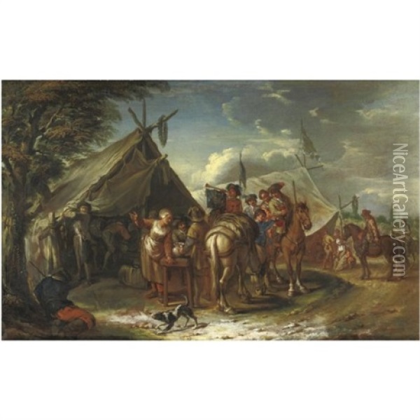 A Military Encampment With A Mounted Trumpeter And Other Horsemen Before A Sutler's Tent Oil Painting - Pieter van Bloemen