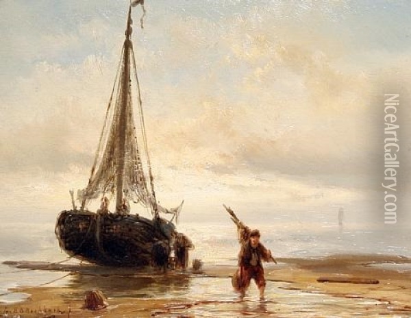 Return Of The Fishing Boat Oil Painting - Johannes Hermanus Barend Koekkoek