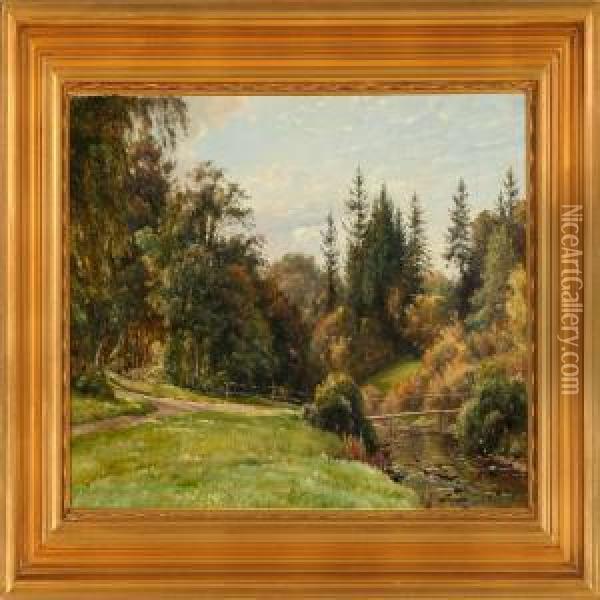 Wood Bridge At A Stream In The Bright Autumn Forest Oil Painting - Johannes Boesen