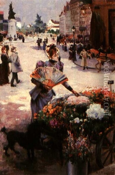 Une Elegante A La Place Clichy Oil Painting - Ricardo (Federico) Corchon y Diaque