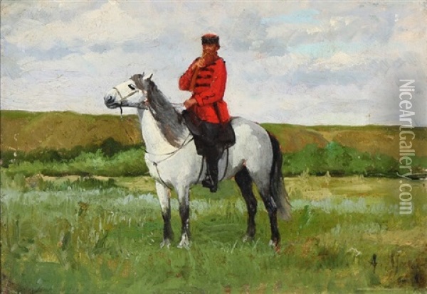 A Russian Cossack On Horseback Oil Painting - Alexander Eduardovich Mako