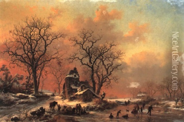 A Winter Landscape With Skaters And Figures Sledging On River Oil Painting - Frederik Marinus Kruseman
