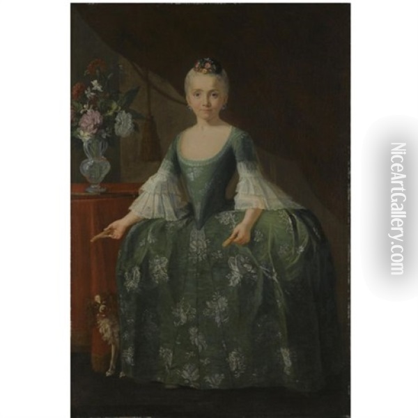 Portrait Of The Infanta Maria Luisa De Borbon, Full Length, Standing Beside A Vase Of Flowers Oil Painting - Giuseppe Bonito