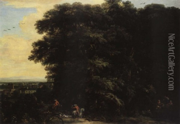 Bewaldete Landschaft Mit Jagern Oil Painting - Adam Frans van der Meulen