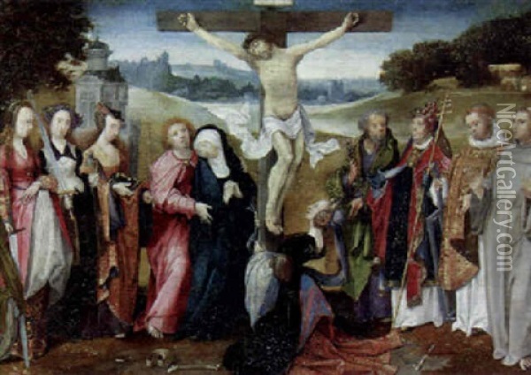 The Crucifixion With Saints Peter, Gregory, Lawrence And Francis Of Assisi And The Madonna Supported By Saint John The Evangelist And Other Saints Oil Painting - Cornelius Engebrechtsz