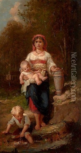 Femme Et Ses Enfants A La Riviere Oil Painting - Francois-Louis Lanfant