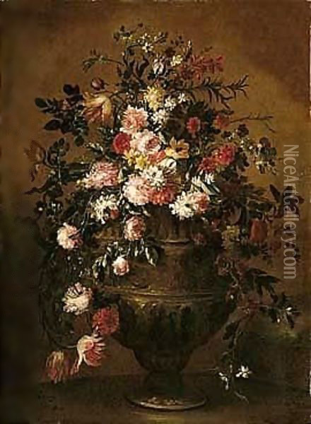 A Still Life Of Flowers In An Ornamental Urn Oil Painting - Margherita Caffi