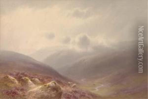 Sheep Grazing On The Moors Below Low-lying Clouds Oil Painting - Charles Edward Snr Brittan