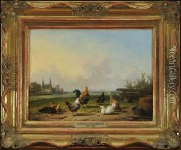 Huhner Am Dorfrand. Oil Painting - Cornelis van Leemputten