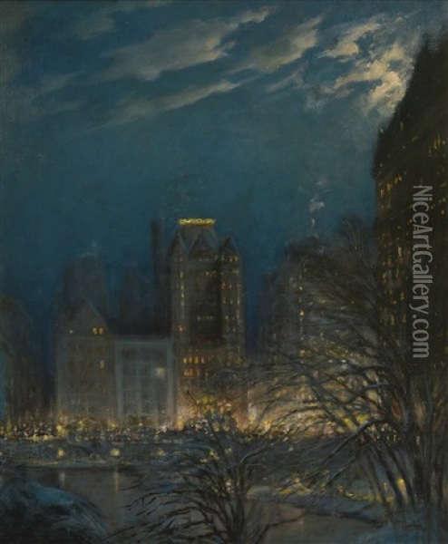 The View From Central Park At Night Oil Painting - Orlando Rouland