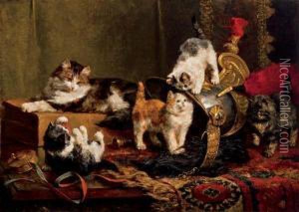 Playful Kittens Oil Painting - Charles van den Eycken