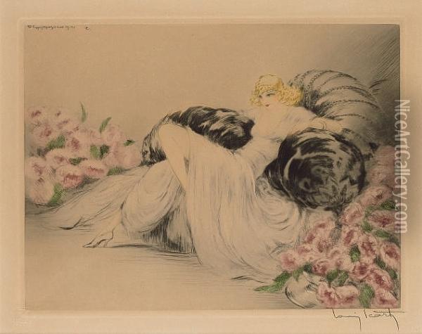 'peonies' An Etching And Aquatint With Drypoint, Circa 1935 Oil Painting - Louis Icart