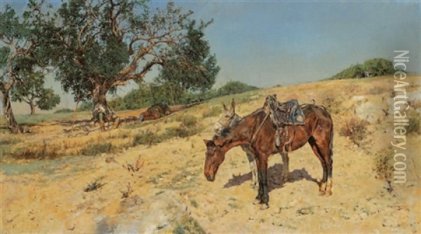 Le Repos De Don Quichotte Et Sancho Panza Oil Painting - Jose Moreno Carbonero