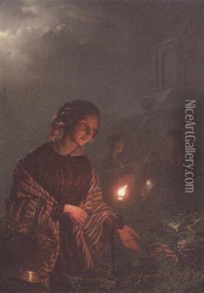 The Vegetable Market By Candelight Oil Painting - Petrus van Schendel