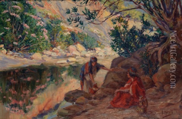 Jeunes Filles Au Bord De L'oued Oil Painting - Edouard Herzig