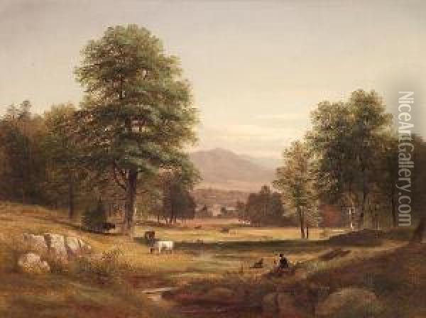 Peaceful Afternoon With Sheep And Cows Oil Painting - Samuel Lancaster Gerry