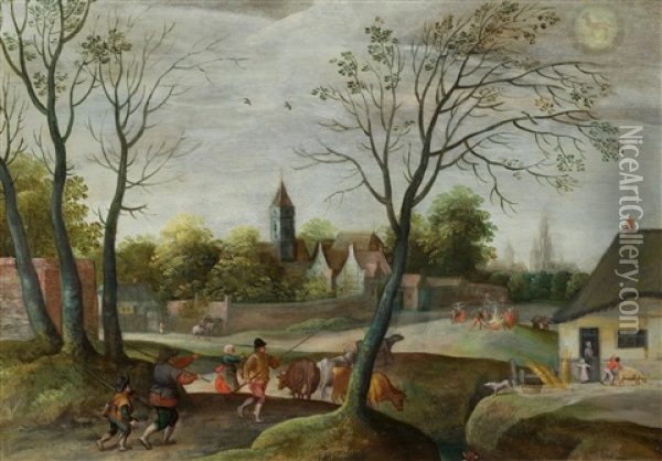 Autumn Landscape With Cattle Being Driven Home, With Antwerp Cathedral On The Horizon And (presumably) The Sign Of Sagittarius Oil Painting - Jacob Grimmer