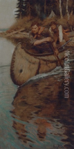 Launching A Canoe Oil Painting - Philip Russell Goodwin