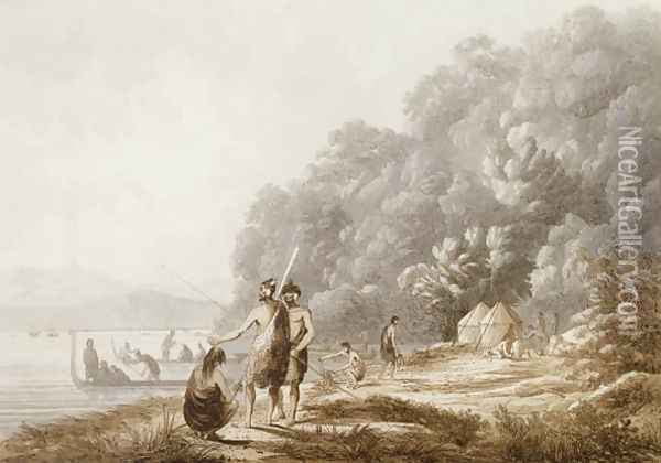 View in Queen Charlottes Sound, New Zealand, from Views in the South Seas, pub. 1790 Oil Painting - John Webber