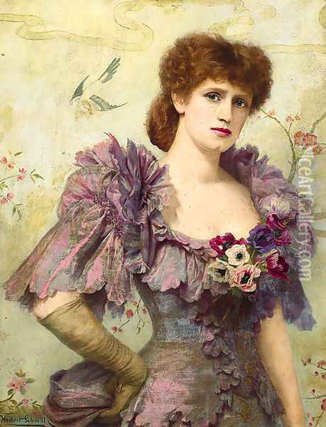 Portrait of Lillie Langtry, half-length, in a purple dress with poppies at her corsage Oil Painting - Herbert Gustav Schmalz