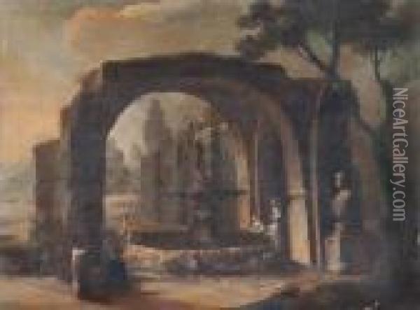 Veduta Con Arco Antico E Figure Accanto Ad Una Fontana Oil Painting - Hubert Robert