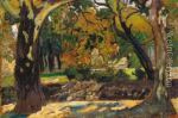Detail Of The City Park, About 1920 Oil Painting - Hugo Scheiber